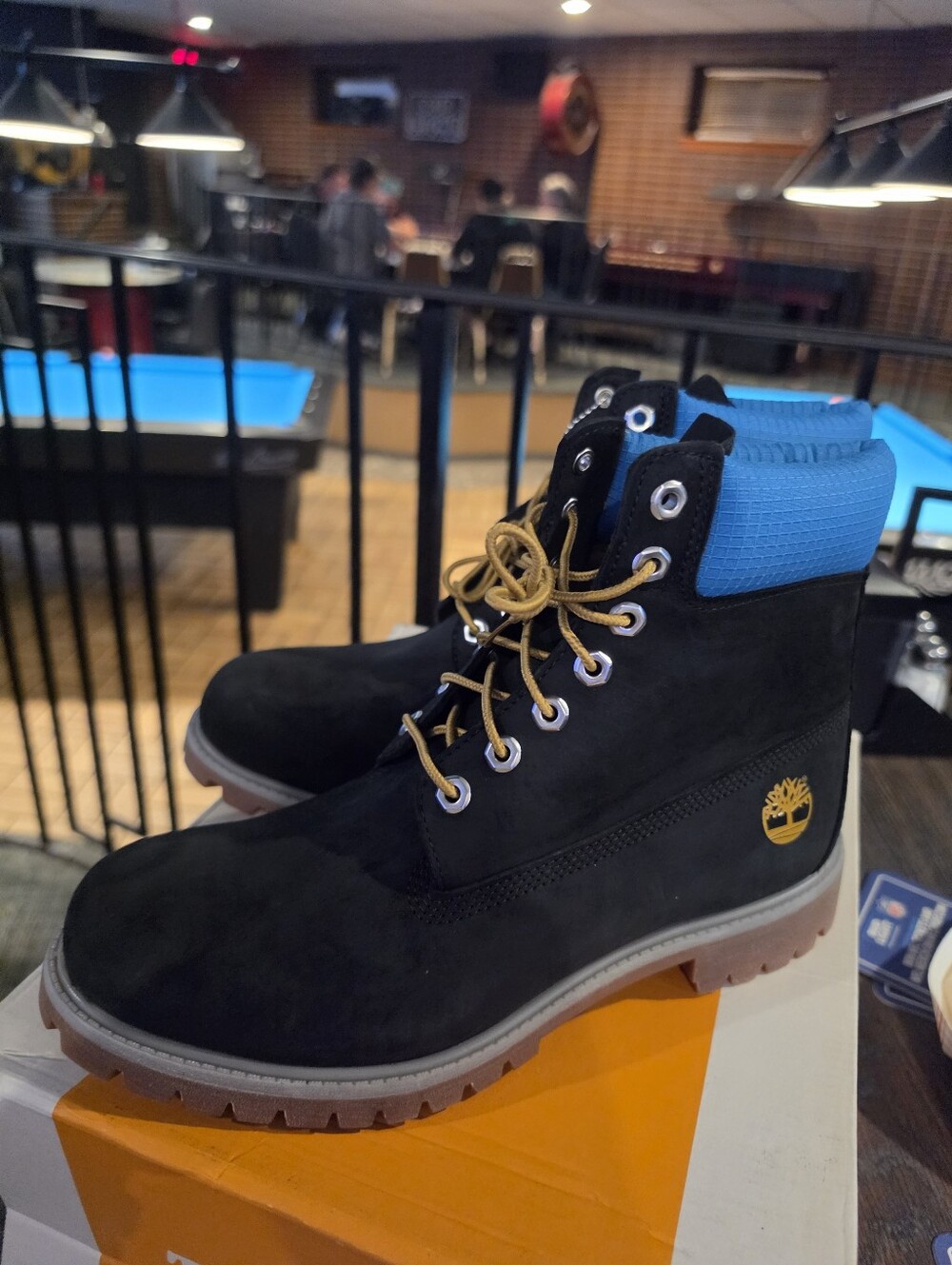 Timberland Black Suede Boots with Blue Collar and Tan Laces New In Box